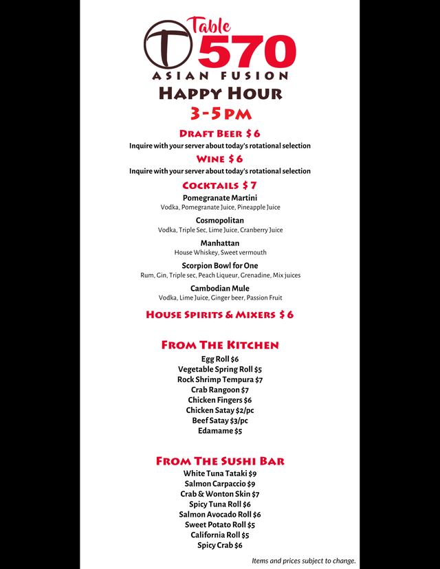Dinner Menu | Table 570 Asian Fusion in Simsbury, CT